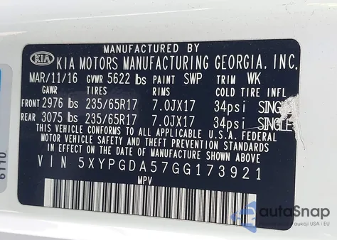 2016 Kia Sorento 3.3L Lx z USA, uszkodzony, nr VIN 5XYPGDA57GG173921